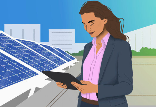 Female engineer with digital tablet standing at solar panels

