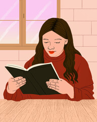 Brunette woman reading book at table
