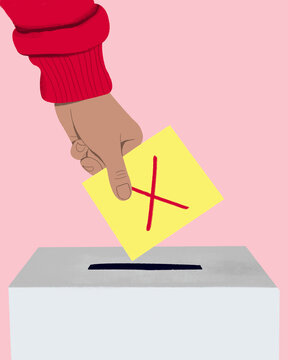 Close up hand of voter placing ballot with red X in ballot box
