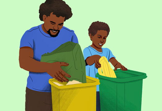 Eco-friendly father and son composting vegetable scraps in green bins

