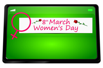 Tablet computer with International Women's Day Banner - 8 March - 3D illustration - 752133494