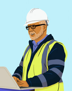 Male engineer in reflective vest and hard hat using laptop
