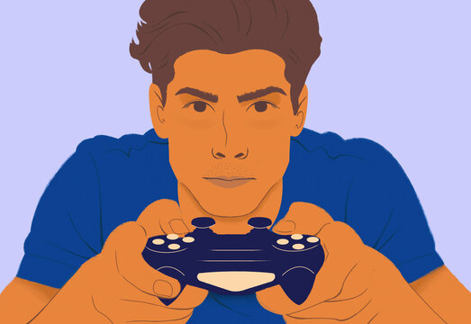 Close up focused young man playing video game with controller
