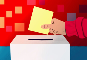 Close up hand of voter placing ballot in ballot box on election day
