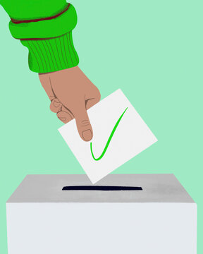 Close up hand of voter placing ballot with green check mark in ballot box
