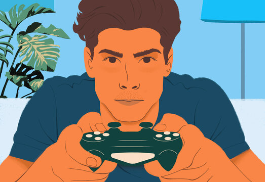 Close up focused young man playing video game with controller
