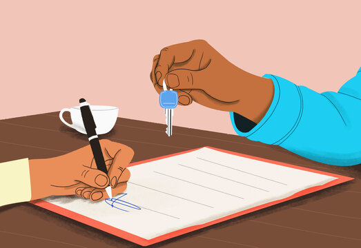 Close up realtor giving new house keys to client signing contract
