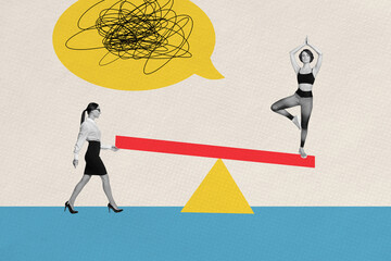 Composite collage picture image of successful female work life balance yoga keep balance bizarre...