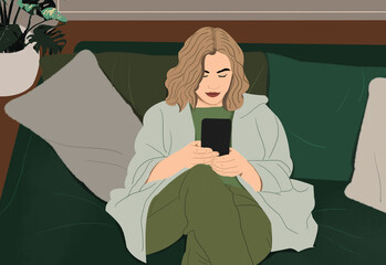 Young woman using smart phone, texting on living room sofa
