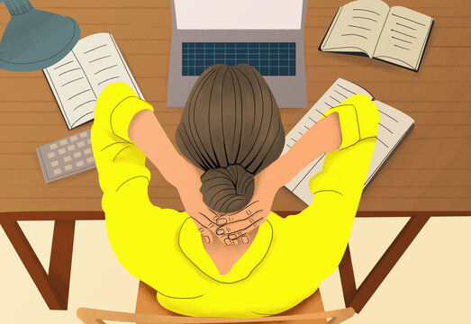 High angle view tired businesswoman with hands behind head working at laptop at home

