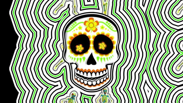 Seamless psychedelic background with Mexican sugar skull with wave effect. Halloween vector style animation with catrina illustration 