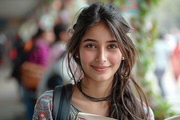 Fototapeta premium A lovely and positive young woman, a college student, holding a book with a cheerful smile.