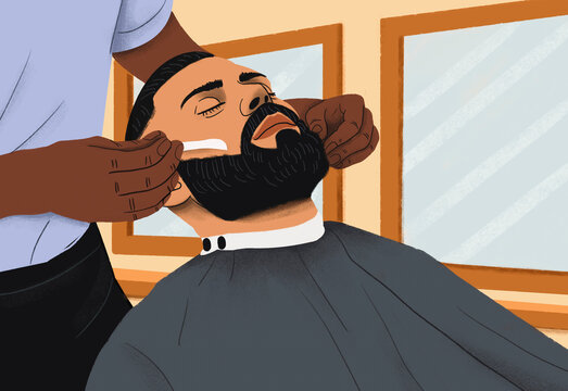 Man receiving beard shave from barber in barbershop
