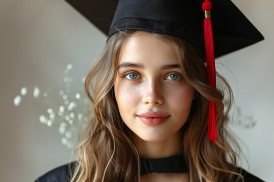 A lovely, intelligent girl, content in her graduation gown, symbolizing academic success and knowledge.