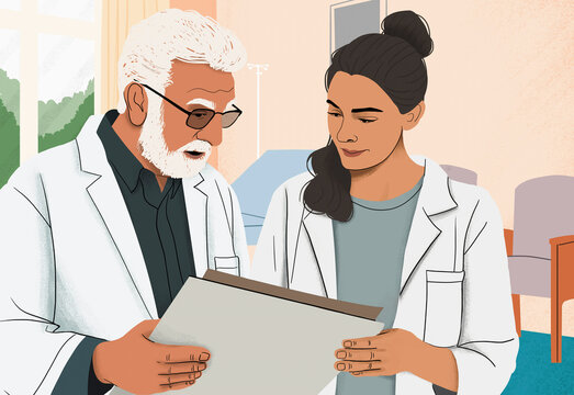Doctors consulting, reviewing x-rays in hospital
