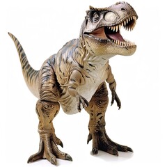 Toy dinosaur figure roaring with its jaws open on a white surface