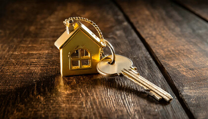 Extreme close-up of a house key with golden house shaped keychain on wooden background with copy space. Generative Ai.