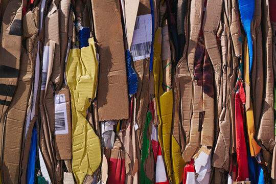 Full frame shot variety of flattened, recycled cardboard
