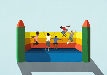 Happy, carefree kids playing, jumping in bouncy castle
