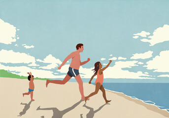 Happy, excited father and kids running toward ocean on sunny summer beach
