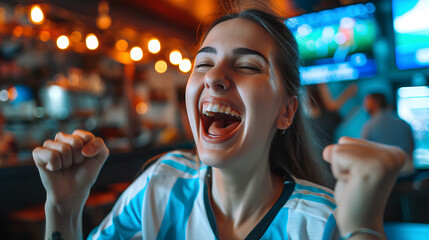 cheering for favorite team of Argentina and celebrating victory, Happy young girl emotionally gesturing while watching football match in sports bar - obrazy, fototapety, plakaty