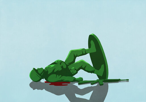 Bloody toy soldier toppled over

