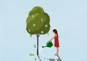 Barefoot woman watering money tree
