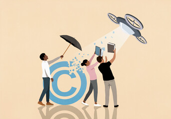 Creative business people shielding copyright from infringing drone
