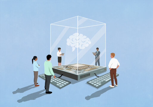Business people and engineers studying artificial intelligence brain
