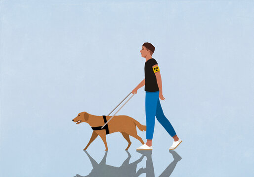 Blind man walking with seeing eye dog on blue background
