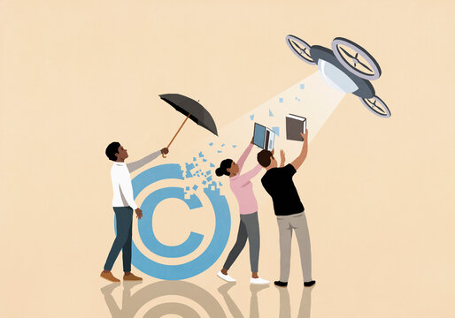 Creative business people shielding copyright from infringing drone

