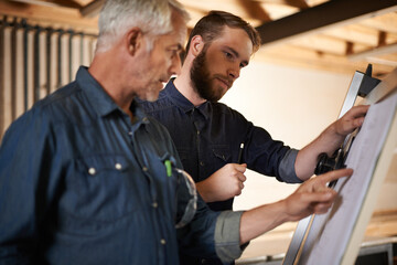 Architecture, team and men with blueprint for planning project, construction and creative....