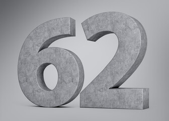 3d Concrete Number Sixty Two 62 Digit Made Of Grey Concrete Stone Grey Background 3d Illustration