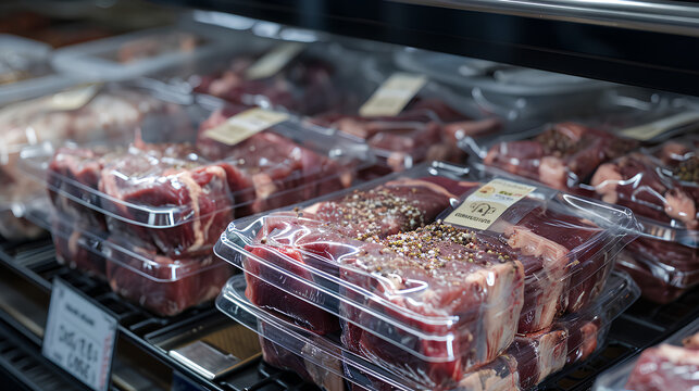 Pieces of fresh raw lamb packed in plastic trays wrapped in film with labels offered for sale in butcher shop