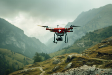 Fototapeta na wymiar A red emergency medical drone equipped with a camera preparing for takeoff to deliver a first aid kit in a mountainous terrain.