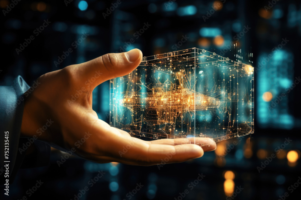 Poster hand holds luminous digital neural network cube, symbolizing the interface between humans and big da