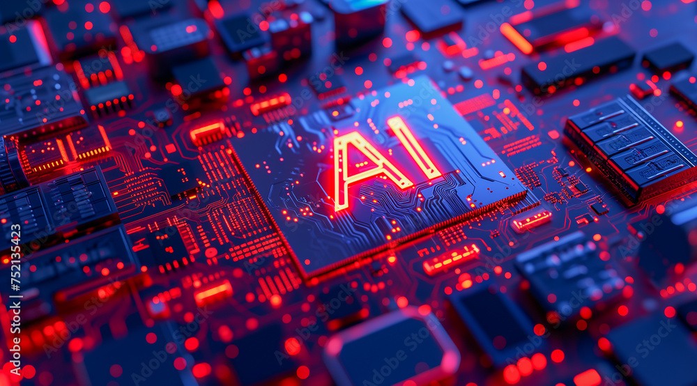 Poster futuristic depiction of an artificial intelligence chip with ai symbol on a glowing red circuit boar
