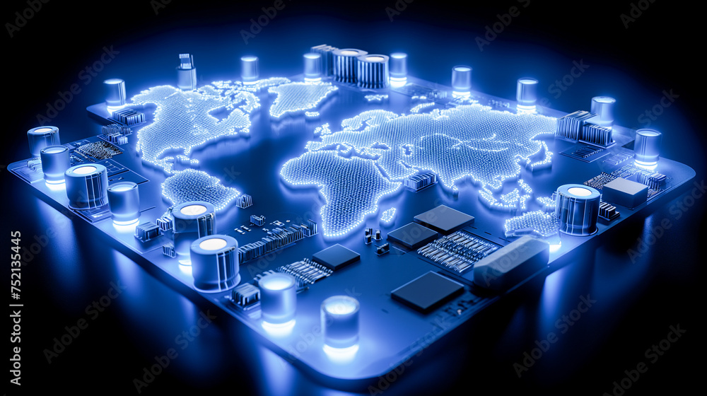 Poster 3d concept of a global circuit board with lighted buildings representing connected technology across