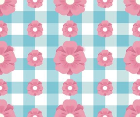 Pastel Naive seamless pattern floral boho pink daisies on a check pattern background in doodle style. Сute flower minimalistic trendy boho background design for kids fabric nursery print,baby clothes.