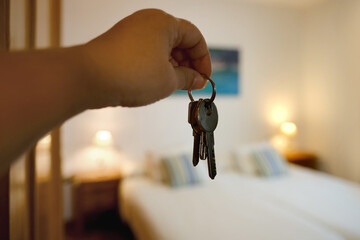 hand with bunch keys against modern bright room, Room for Rent, Comfortable Family Bed for Restful,...