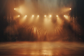 Concert stage against with dramatic lighting and atmospheric smoke. Empty musical stage with illuminated spotlights