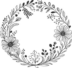Line art of flowers in a circular shape