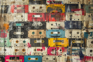 Backdrop with collection of vintage cassette tapes mounted on a wall. Vintage retro style music background