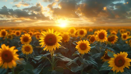 Zelfklevend Fotobehang Sunflower field at sunset. Sunflower field at sunrise. Field of yellow fully bloomed sunflowers during summer time. Yellow flower bloom © Divid
