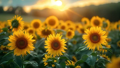 Schilderijen op glas Sunflower field at sunset. Sunflower field at sunrise. Field of yellow fully bloomed sunflowers during summer time. Yellow flower bloom © Divid