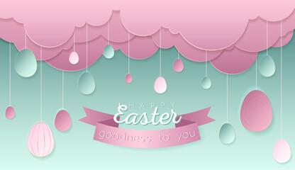 Happy Easter day wallpaper or banner with papercut egg. Beautiful paper cut eastern elements. Vector illustration for sale, product display, easter festival design, presentation, greeting card.