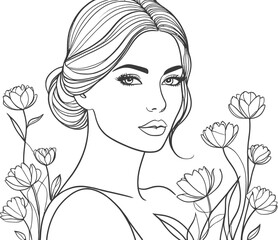 Minimal illustration of a woman with elegant flowers