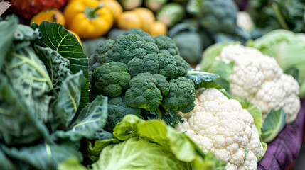 Fresh green leafy vegetables broccoflower  cauliflower  broccoli  cabbage for sale at market - obrazy, fototapety, plakaty