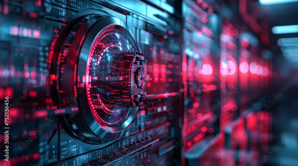 Poster secure financial technology vault door with futuristic interface. the concept of robust security mea