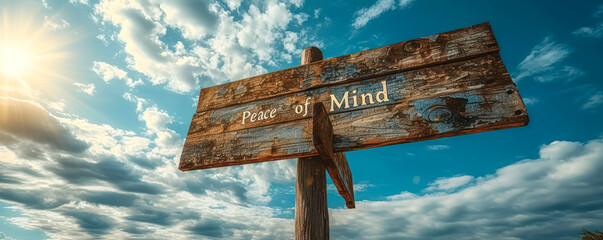 Wooden direction sign reading Peace of Mind pointing right against a sunny blue sky with sun rays, concept for clarity and tranquility - obrazy, fototapety, plakaty